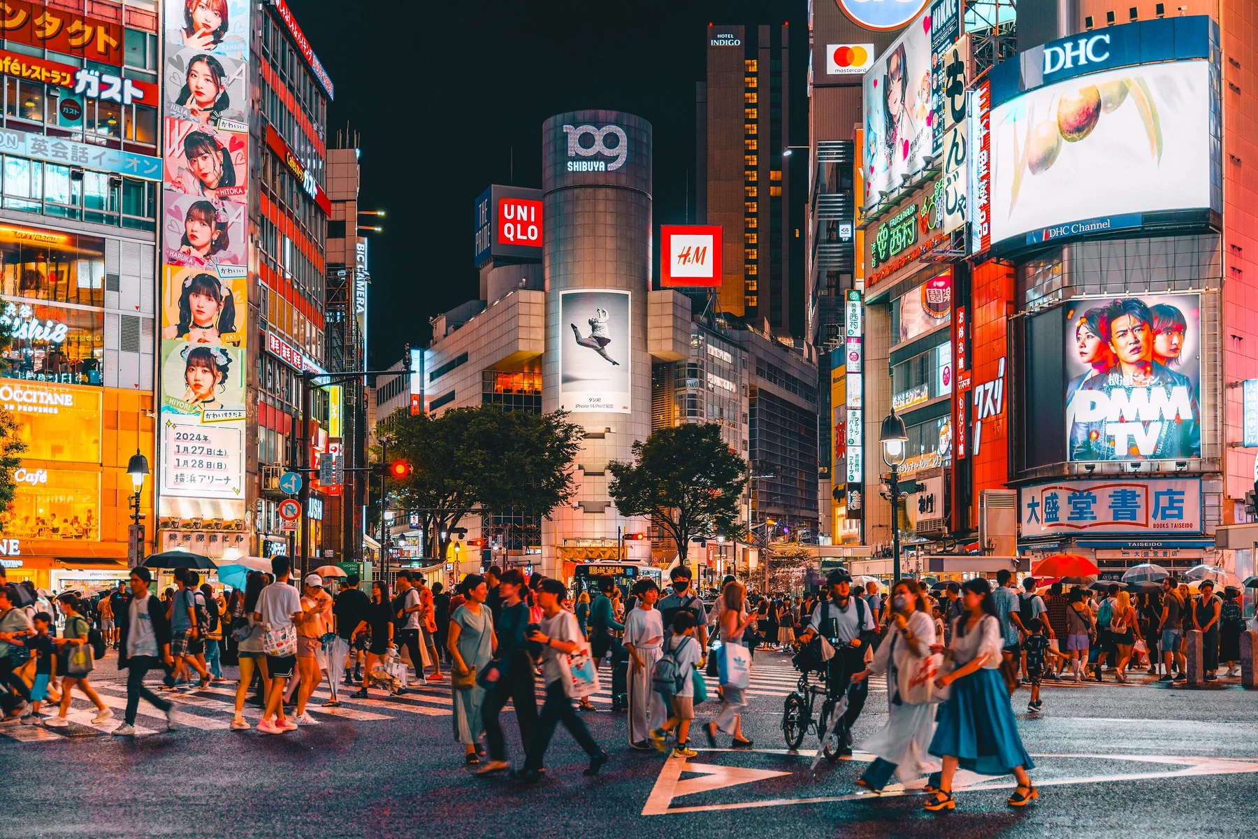 Neon signs at Shibuya at night