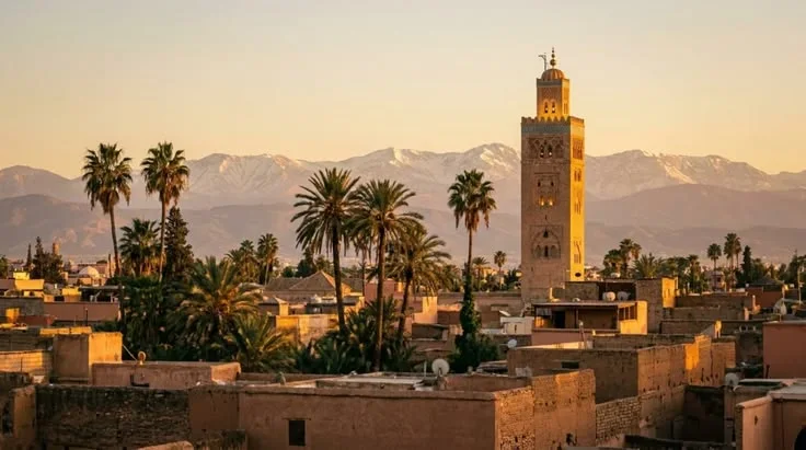 The Koutoubia minaret in Marrakech with the Atlas Mountains behind