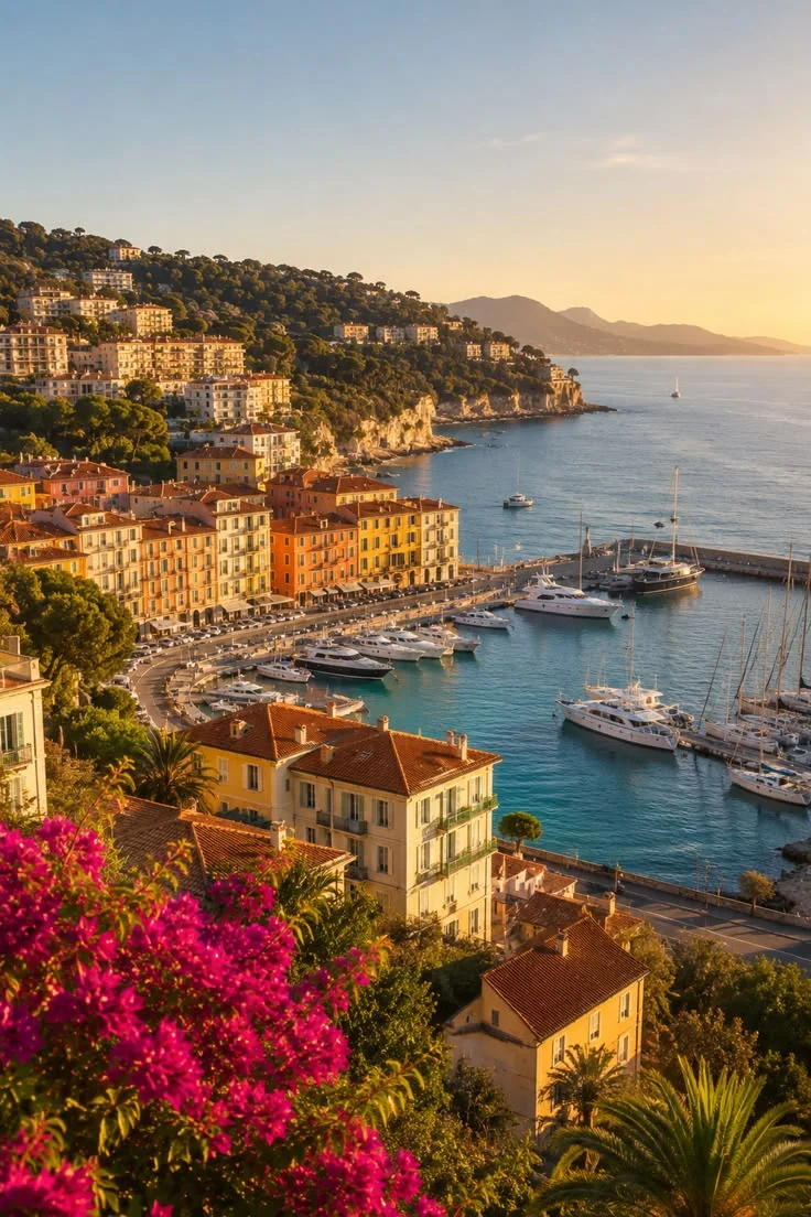 Colourful houses above the harbour in Nice at golden hour